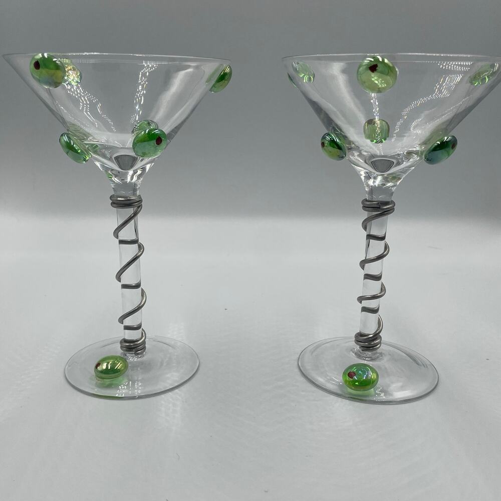 Set of 2 Wire Wrapped Martini Glasses Drinkware with Glass Olives Barware - Picture 2 of 7